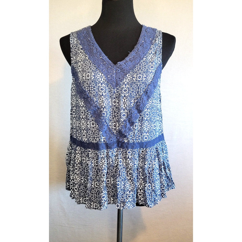 Knox Rose Women’s Navy Sleeveless V‑Neck Crochet Trim Top Size Large Boho Tank